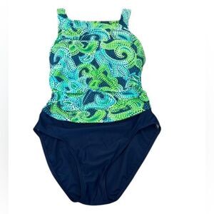 Christina size 12/34 one piece green and blue drapey front swimsuit GUC